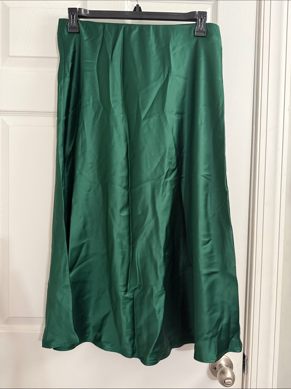 Emerald Satin Midi Skirt - Women's Elegant A-Line